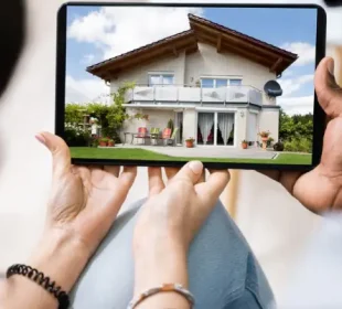 A tablet showing a two-story house viewed by people holding the device, as if inspecting real estate at home outdoor setting.